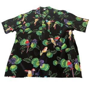 Scorpio Hawaiian Tropical  Floral & Bird Parrot Print Shirt Sz L Vintage Made US